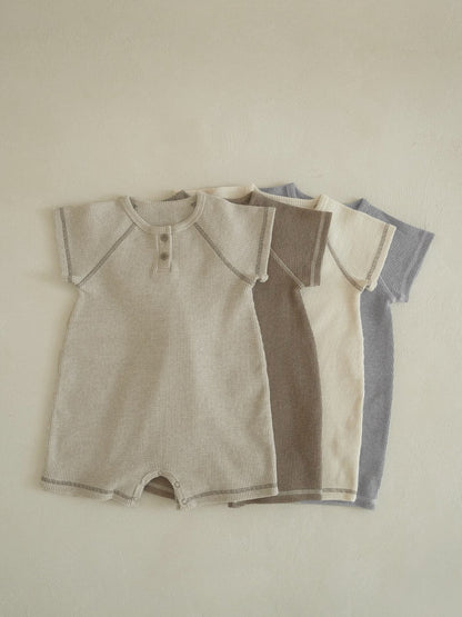 Summer Arrival Baby Short Sleeves Patchwork Waffle Grid Rompers Bodysuits