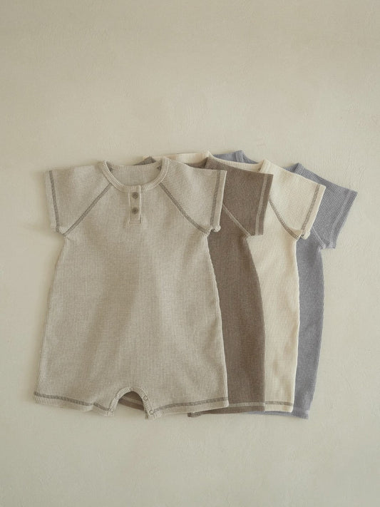 Summer Arrival Baby Short Sleeves Patchwork Waffle Grid Rompers Bodysuits