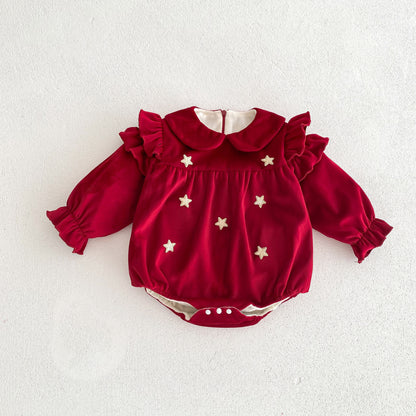 Newborn Baby Girls Peter Pan Collar Long Ruffle Sleeves Star Knitted Onesie