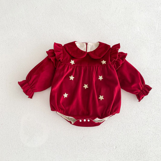 Newborn Baby Girls Peter Pan Collar Long Ruffle Sleeves Star Knitted bodysuit, MyKids-USA®, Baby One-Pieces, MyKids-USA -  -  -  -  -  -  - .