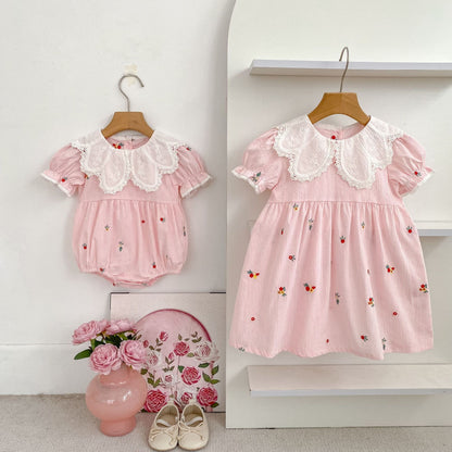 Summer Girls Flowers Pattern Embroidered Short Sleeves Onesies and Dress – Princess Sister Matching Set, MyKids-USA®, Baby & Children's One-Pieces, MyKids-USA -  -  -  -  -  -  - .