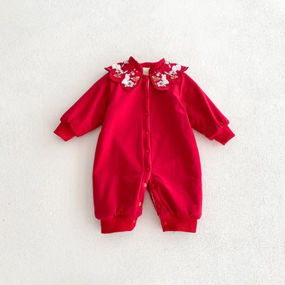 Infant Baby Girls Thick Warm Long Sleeve Rabbits Floral Knitted Round Collar Red Romper, MyKids-USA®, Baby One-Pieces, MyKids-USA -  -  -  -  -  -  - 