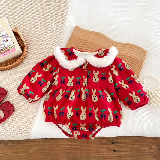 Newborn Baby Girls Rabbits And Fruits Pattern Knitted Crew Neck Long Sleeves Onesie, MyKids-USA®, Baby One-Pieces, MyKids-USA - Size/Age - 66 (3-6M) - Color - Red -  -  - TR2311091544-A