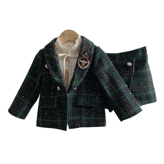 Girls Dark Green Plaid With Dots Open Front Cardigan&Skirt Preppy Suits