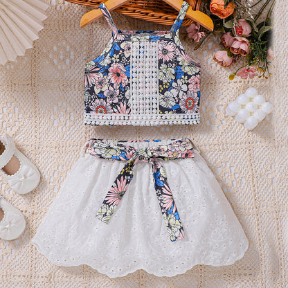 Summer Baby Kids Girls Sleeveless Floral Pattern Vest and White Skirt Set
