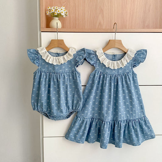 Summer Girls Cute Denim Butterfly-bows Pattern Onesies and Dress – Princess Sister Matching Set, MyKids-USA®, Baby & Toddler Outfits, MyKids-USA -  -  -  -  -  -  - .