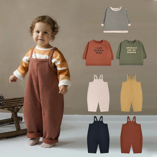 Baby Unisex Kids Cozy Crew Neck Long Sleeve Pullover And Solid Color Overalls For Clothing Set