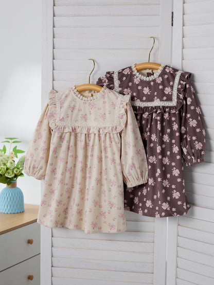 Spring and Autumn Floral Printed Long-sleeved Dress with Lace Neck for Stylish Girls, MyKids-USA®, Baby & Toddler Dresses, MyKids-USA -  -  -  -  -  -  - 