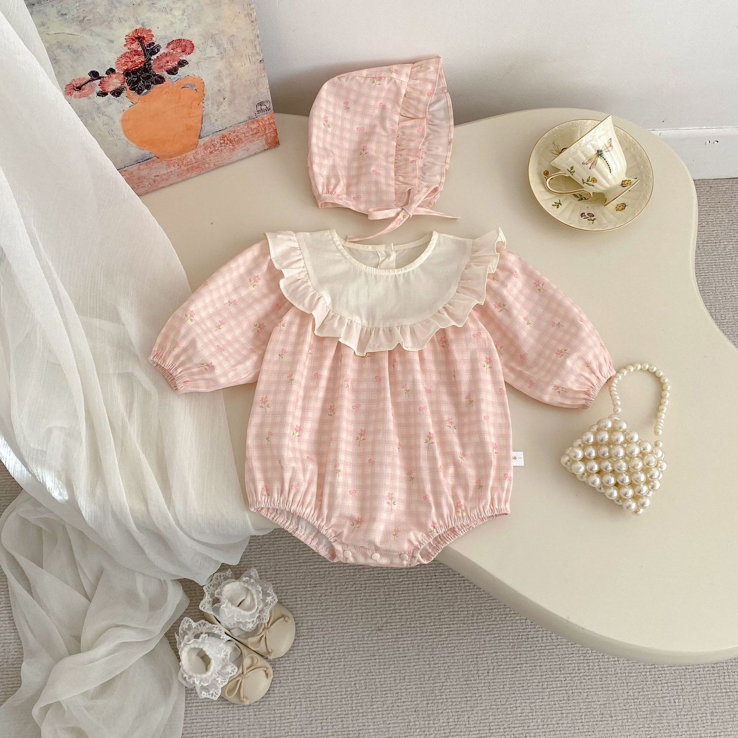Spring Arrival Baby Girls Long Sleeves Flowers and Plaid Pattern Crew Neck Bodysuit, MyKids-USA®, Bodysuits, MyKids-USA - Size/Age - 66 (3-6M) - Color - Pink -  -  - TR2603031617-A.
