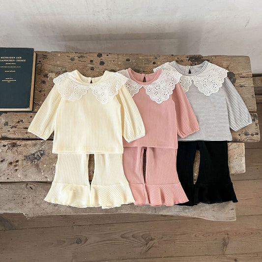 Spring Baby Kids Girls Hollow-Out Collar Top And Flared Pants Clothing Set