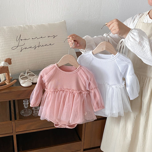 Autumn Arrival Baby Girls Long Sleeves Tulle Patchwork Solid Color Onesies, MyKids-USA®, Baby One-Pieces, MyKids-USA -  -  -  -  -  -  - 