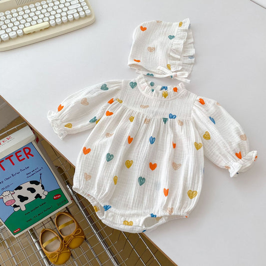 Autumn Heart Pattern Triangle Onesies With Hat, MyKids-USA®, Baby One-Pieces, MyKids-USA - Size/Age - 66 (3-6M) - Color - White -  -  - JM2307151808-A