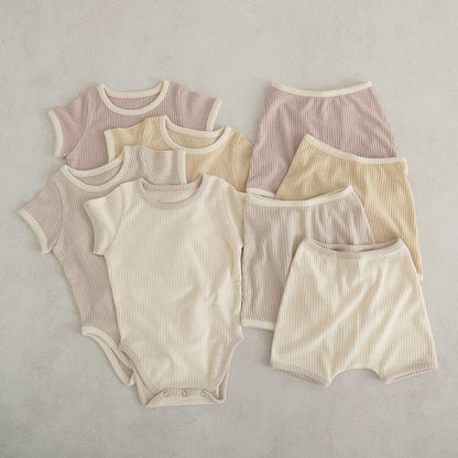 Baby Unisex Solid Color Comfy Cotton Onesies & Shorts Sets With Headband