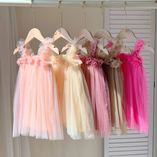 Summer Baby Kids Girls Sleeveless 3D Flowers Mesh Strap Dress