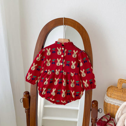 Infant Baby Girls Rabbit&Cherry Around Long Sleeve One Piece, MyKids-USA®, Baby One-Pieces, MyKids-USA -  -  -  -  -  -  - 