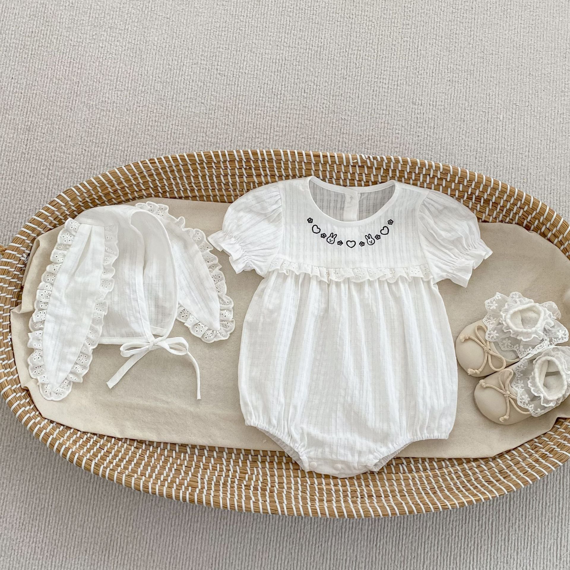 Summer Arrival Baby Girls Short Sleeves Embroidered Pattern Bodysuit with Hat, MyKids-USA®, Baby & Children's One-Pieces, MyKids-USA - Size/Age - 66 (3-6M) - Color - Beige -  -  - TR2605022308-A.