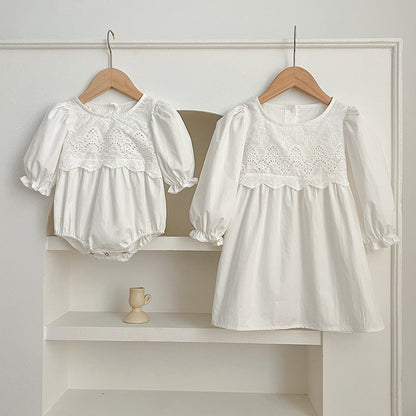 New Spring/Autumn Baby Onesies And Dress For Girls With White Lace Trim – Princess Sister Matching Set