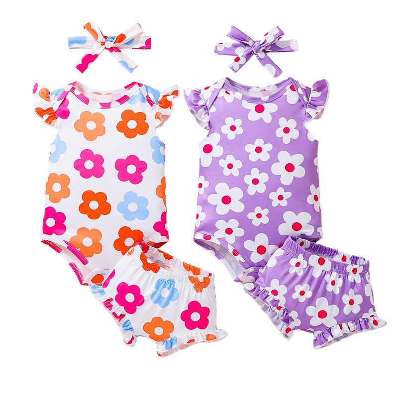 Arrival Summer Baby Kids Girls Fly Sleeves Floral Pattern Onesies and Shorts Clothing Set