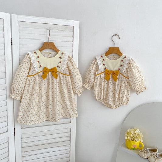 Arrival Spring and Autumn Flowers Pattern Baby Kids Girls Onesies and Dress – Princess Sister Matching Set