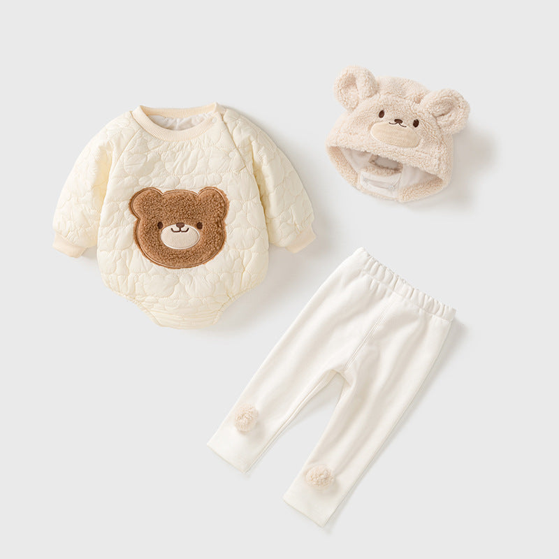 Baby Teddy Bear Cartoon Knitted Onesie With Hat&Fluffy Ball Pants Clothing Set