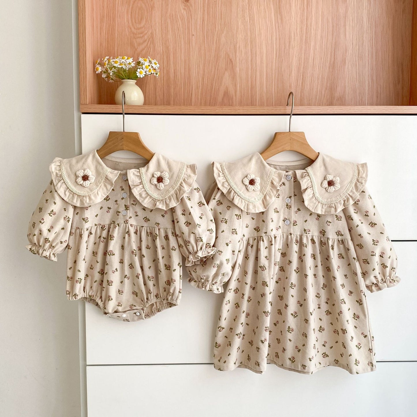Arrival Spring and Autumn Flowers Pattern Baby Kids Girls Turn-down Collar Onesies and Dress – Princess Sister Matching Set