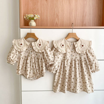Arrival Spring and Autumn Flowers Pattern Baby Kids Girls Turn-down Collar Onesies and Dress – Princess Sister Matching Set