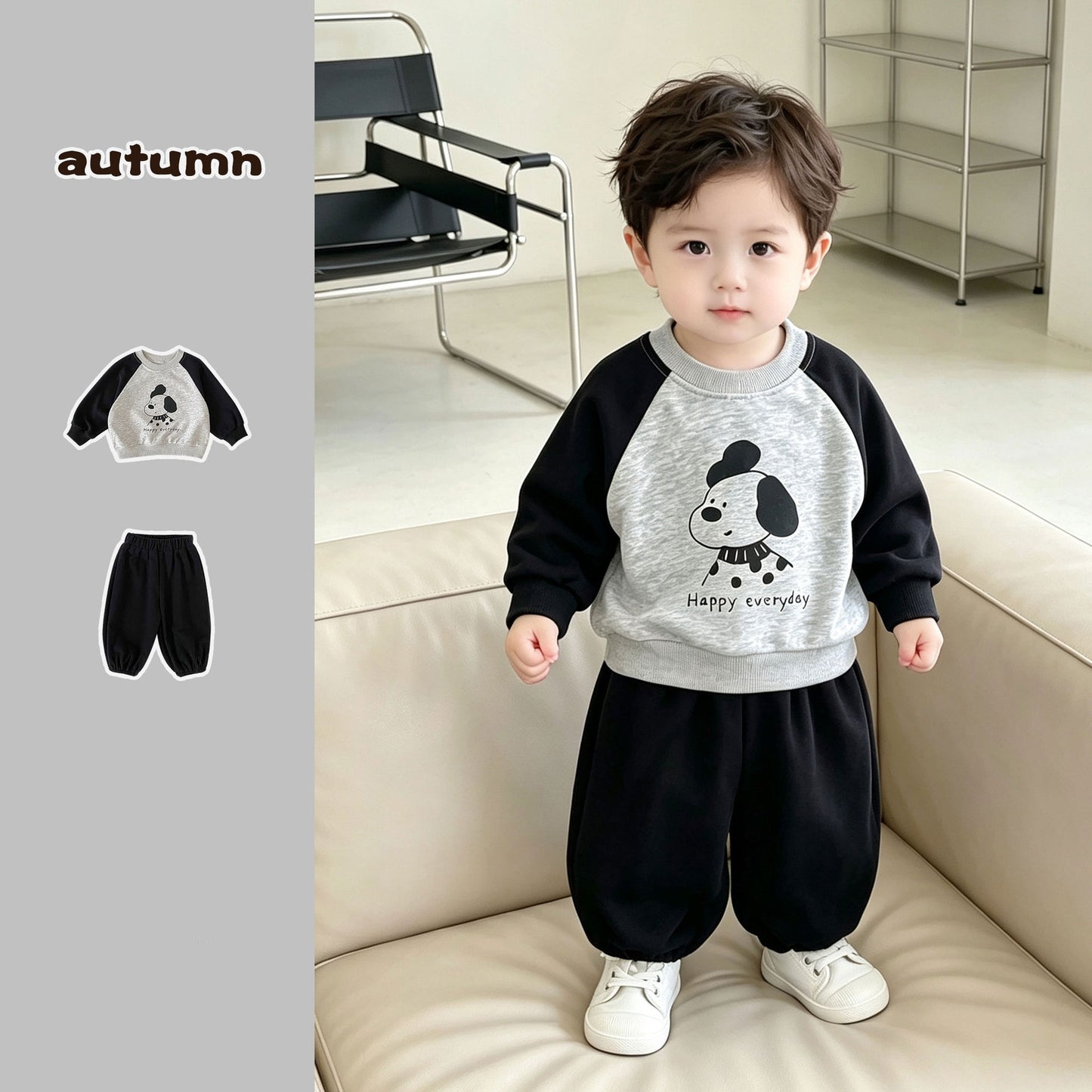 MyKids-USA® Hot Selling Autumn Baby Kids Long Sleeves Puppy Pattern Pullover and Plain Pants Set