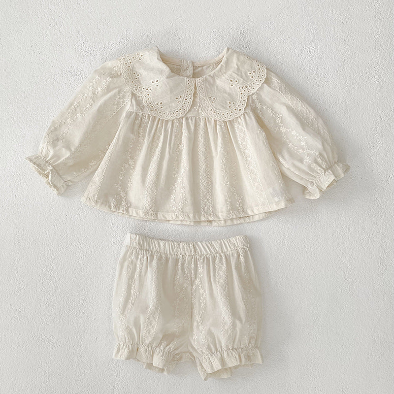 Spring Baby Kids Solid Color Floral Pattern Long Sleeves Top Dress and Bloomers Clothing Set for Girls, MyKids-USA®, Baby & Toddler Outfits, MyKids-USA - Size/Age - 66 (3-6M) - Color - Beige -  -  - TR2602232117-A.