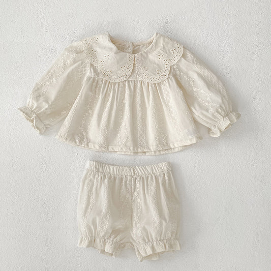 Spring Baby Kids Solid Color Floral Pattern Long Sleeves Top Dress and Bloomers Clothing Set for Girls