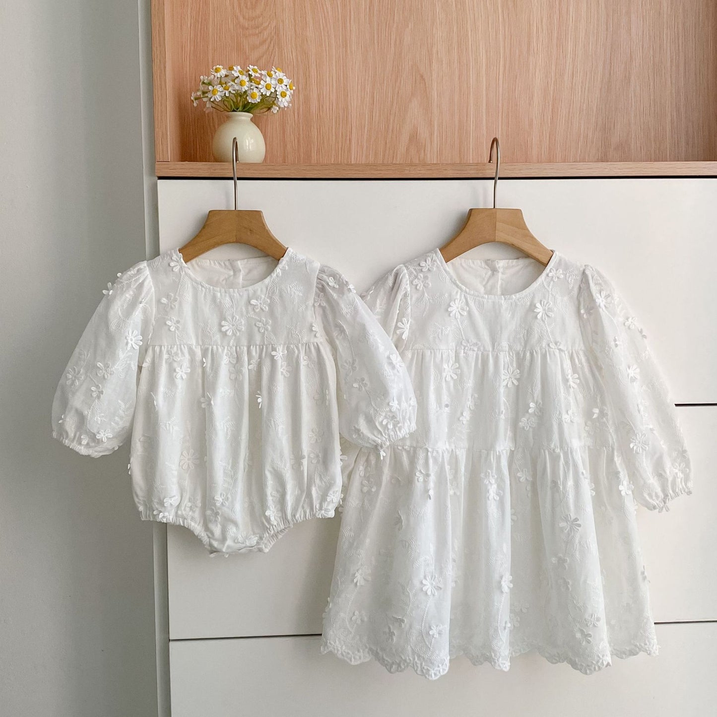 Arrival Spring and Autumn Flowers Pattern Baby Kids Girls Solid Color Onesies and Dress – Princess Sister Matching Set