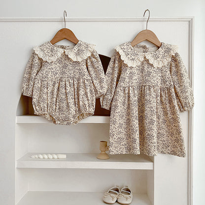 Adorable Baby Lace Collar Romper And Floral Print Girls’ Dress – Princess Sister Matching Set