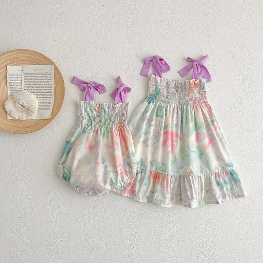 Baby Girl Tie-Dye Pattern Belted Design Dress & Onesies