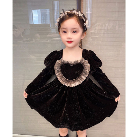 Baby Girls Heart Shape Ruffle Square Neck Long Sleeved Black Princess Dress, MyKids-USA®, Baby & Toddler Dresses, MyKids-USA - Size/Age - 90 (12-24M) - Color - Black -  -  - TR2311101308-A