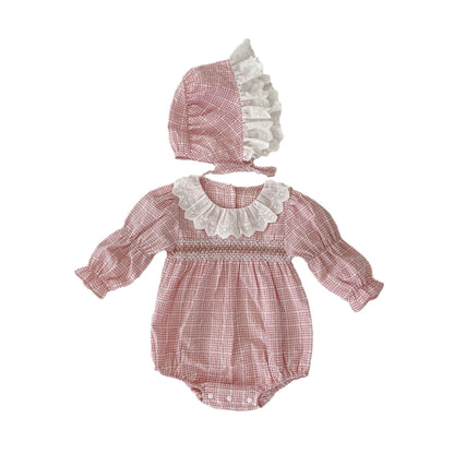 New Autumn Infant Baby Girl Grid Long Sleeve Combo Lace Round Collars Include Hat One Piece