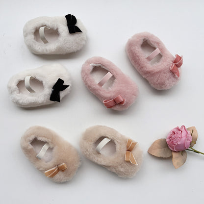 Cute Baby Girl Solid Color Combo Bow Tie Design Plush Warm Anti-Slip Shoes