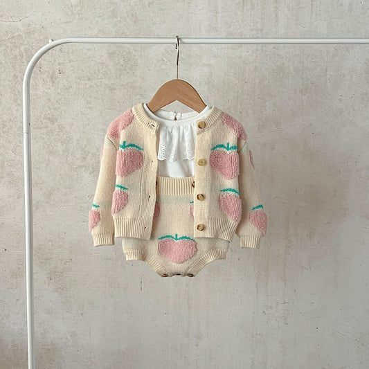 New Arrival Baby Girl Peach Embroidery Cardigan Combo Overalls In Sets