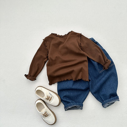 Girls Tops Spring And Autumn Style Children’s Solid Color Long-Sleeved T-Shirts For Girls With Ear-Shaped Inner Bottoming Shirts, MyKids-USA®, Baby & Toddler Tops, MyKids-USA - Size/Age - 80 (9-12M) - Color - Coffee -  -  - CH2402081038-C