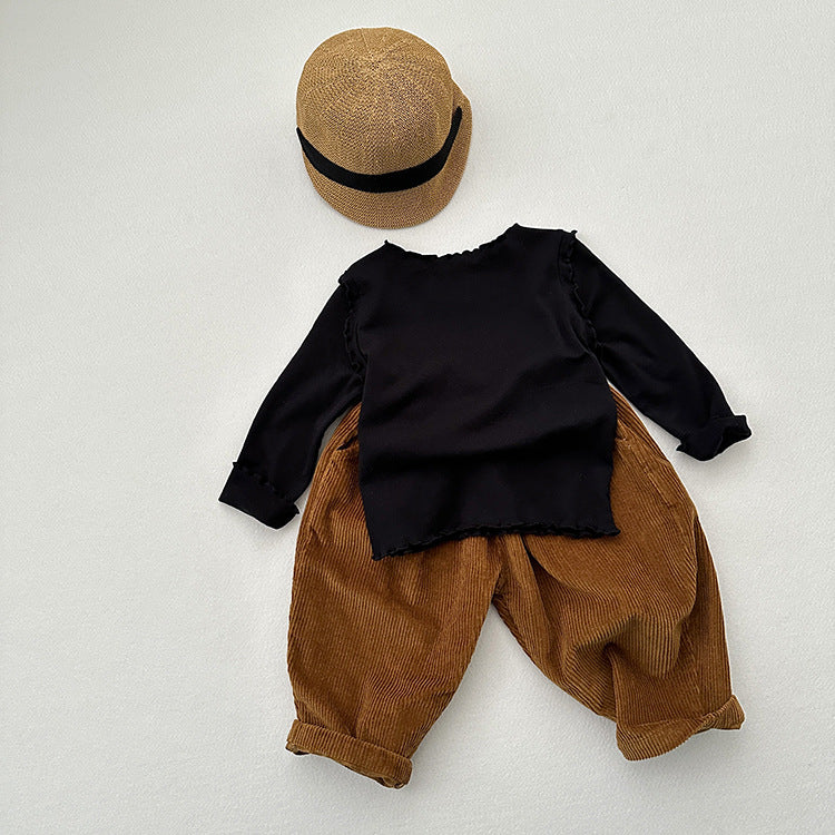 Girls Tops Spring And Autumn Style Children’s Solid Color Long-Sleeved T-Shirts For Girls With Ear-Shaped Inner Bottoming Shirts, MyKids-USA®, Baby & Toddler Tops, MyKids-USA - Size/Age - 80 (9-12M) - Color - Black -  -  - CH2402081038-B