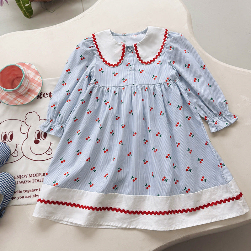 Autumn Arrival Baby Kids Girls Cherry Pattern Long Sleeves Dress with Collar, MyKids-USA®, Baby & Toddler Dresses, MyKids-USA -  -  -  -  -  -  - 