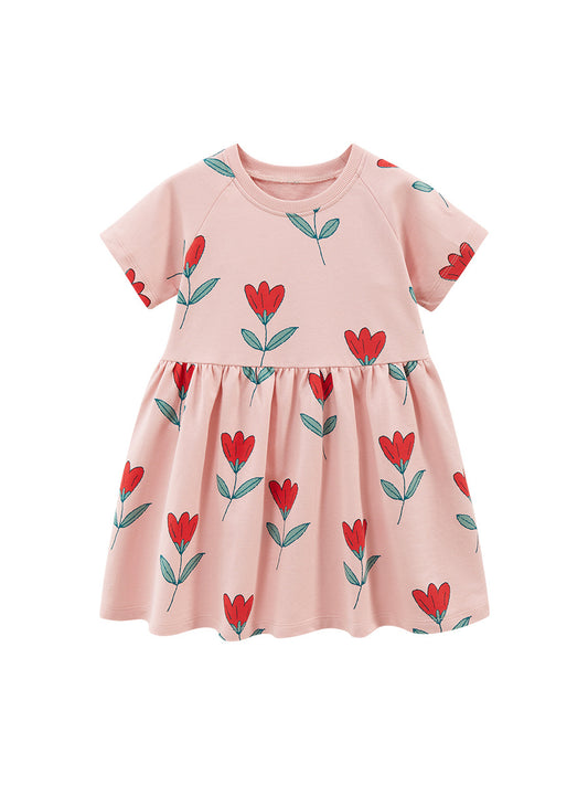 Spring And Summer Baby Girls Pink Short Sleeves Flowers Collection Dress