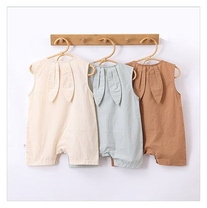 Summer New Arrival Solid Color Crew Neck Button Open Front Sleeveless Rompers