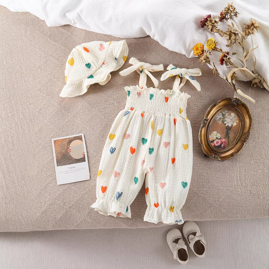 Design Summer Baby Kids Girls Sleeveless Flowers Pattern Rompers with Hat