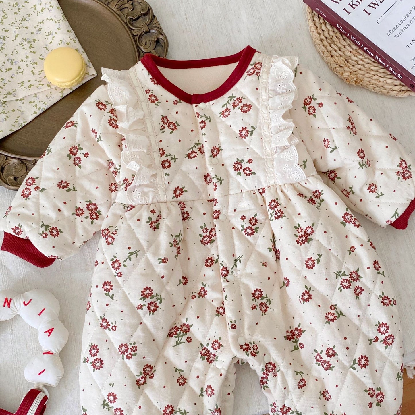 Winter Arrival Baby Girls Long Sleeves Flowers Pattern Fleece-Lined Rompers