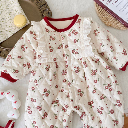 Winter Arrival Baby Girls Long Sleeves Flowers Pattern Fleece-Lined Rompers