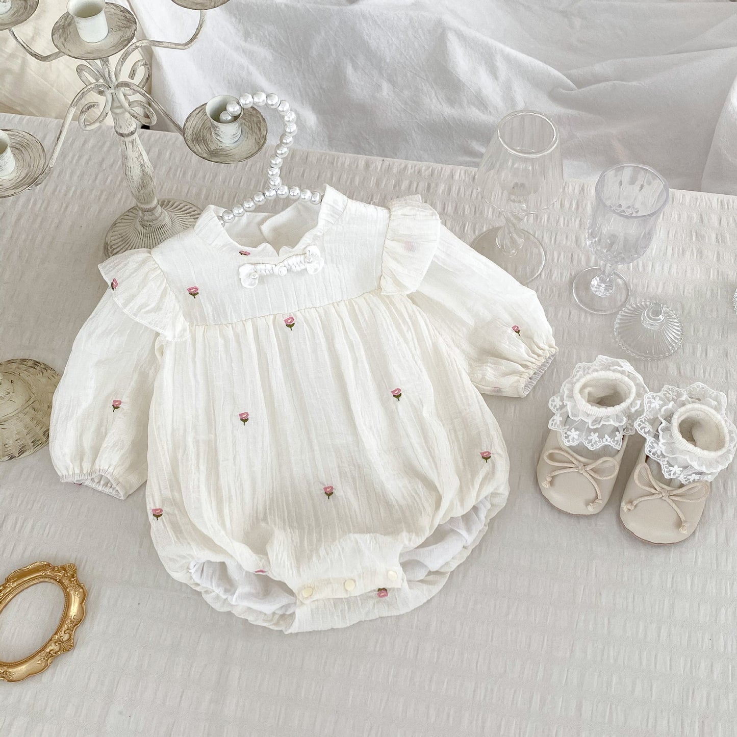 Autumn Arrival Baby Girls Long Sleeves Tiny Flowers Embroidered Stand Collar Onesies, MyKids-USA®, Baby One-Pieces, MyKids-USA -  -  -  -  -  -  - 