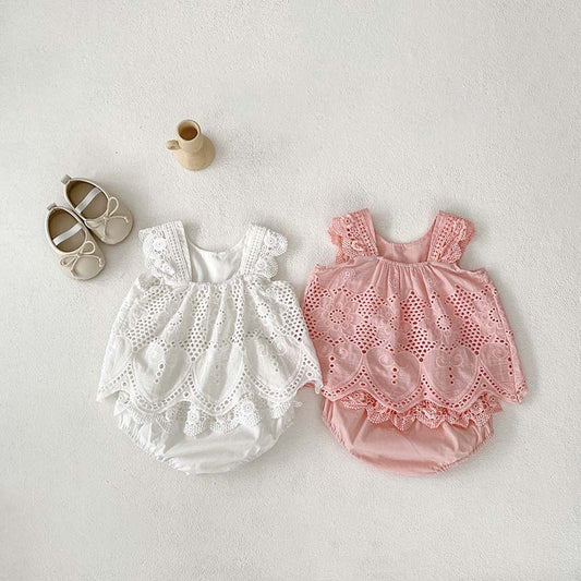 Summer Hot Selling Baby Girls Sleeveless Solid Color Hollow Out Design Strap Top Dress And Bloomers Clothing Set