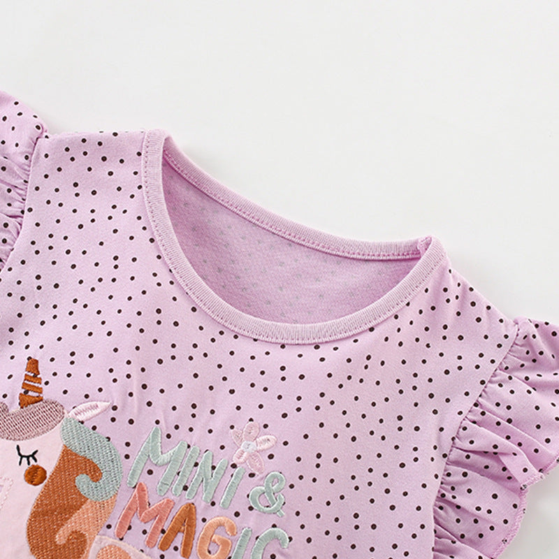 Summer Arrival Girls’ Dots and Cartoon Pattern Fly Sleeves T-shirt in European and American Style, MyKids-USA®, T-Shirts, MyKids-USA -  -  -  -  -  -  - 