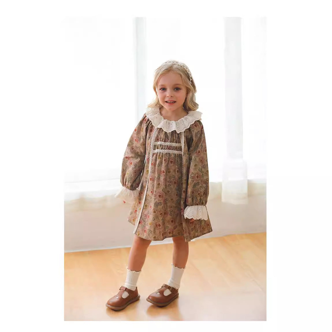 Design Autumn Girls Vintage Floral Ruffle Collar Long Sleeves Dress, MyKids-USA®, Baby & Toddler Dresses, MyKids-USA - Size/Age - 90 (12-24M) - Color - Coffee -  -  - TR2408171258-A