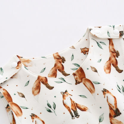 Summer Hot Selling Baby Fox Animals Print Crew Neck Sleeveless Design Organic Cotton Jumpsuit
