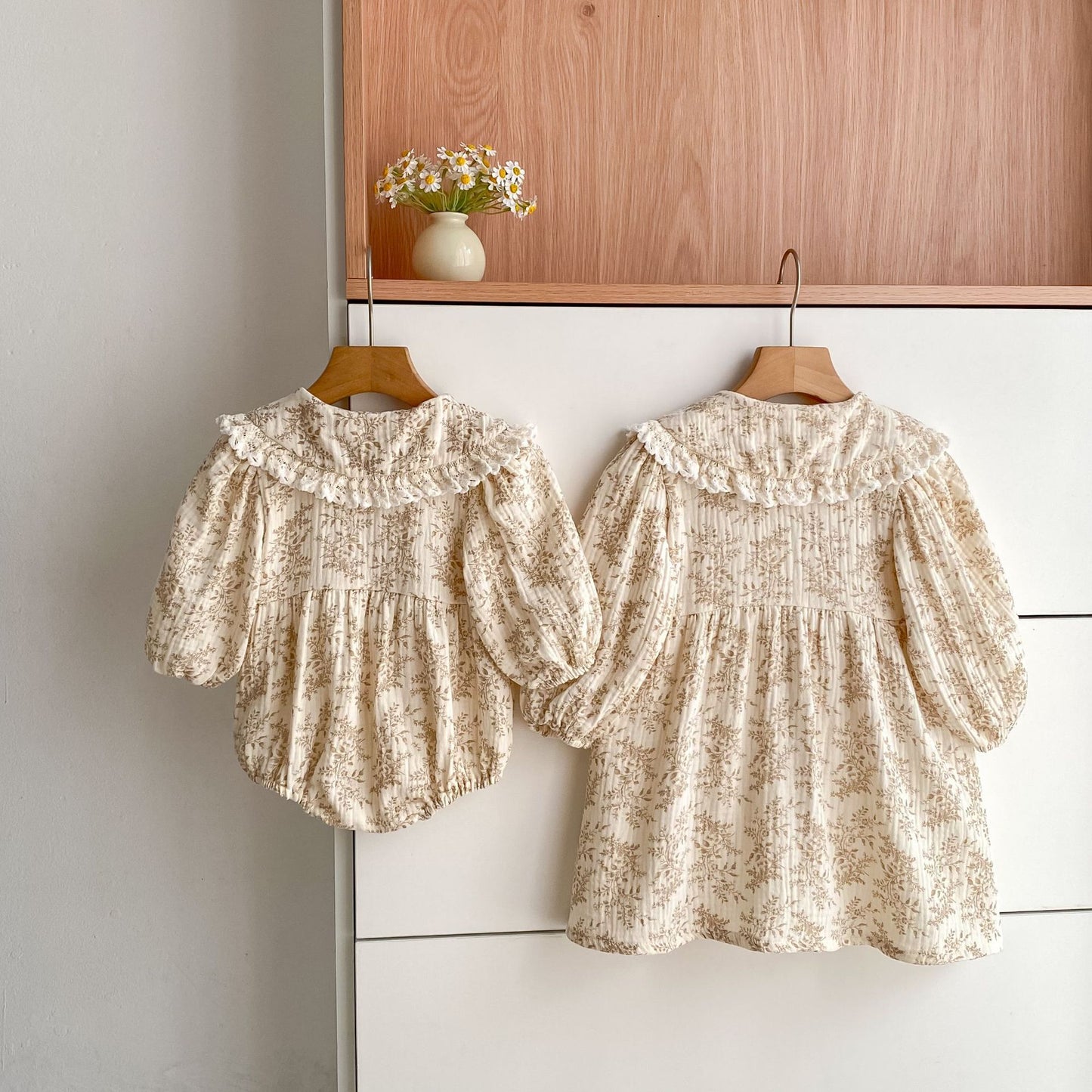 MyKids-USA® Adorable Baby Lace Trim Collar Onesies and Floral Pattern Girls’ Dress – Princess Sister Matching Set